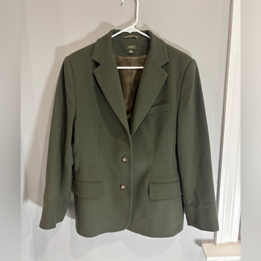 LL Bean Wool Cashmere Blend Green Blazer Jacket Green14 Petite Business